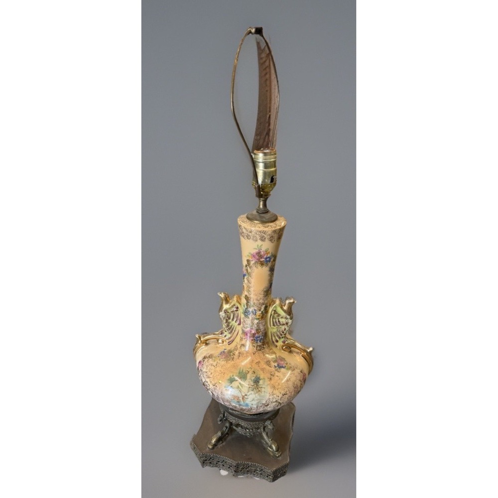 Estate Victorian Handpainted Porcelain Lamp with Gold Trim and Metal Base Works
